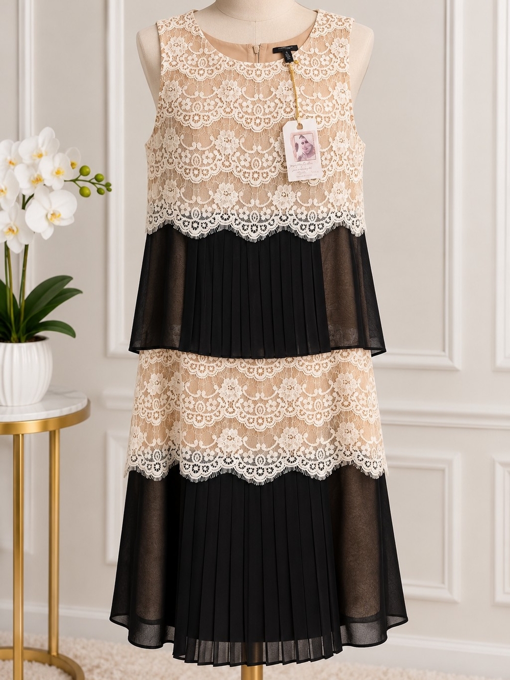 Jessica Simpson Beige Lace and Black Pleated Tiered Midi Dress